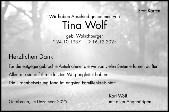 Traueranzeige von Tina Wolf von Hohenloher Tagblatt