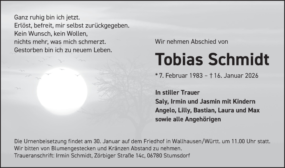  Traueranzeige für Tobias Schmidt vom 24.01.2026 aus Hohenloher Tagblatt