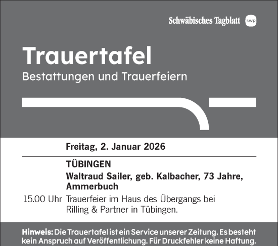 Traueranzeige von Totentafel vom 02.01.2026 von Schwäbische Tagblatt