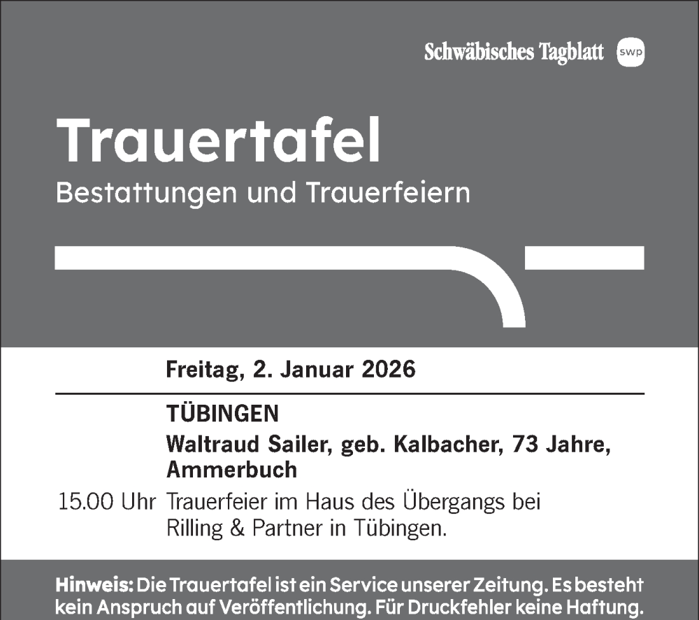  Traueranzeige für Totentafel vom 02.01.2026 vom 02.01.2026 aus Schwäbische Tagblatt