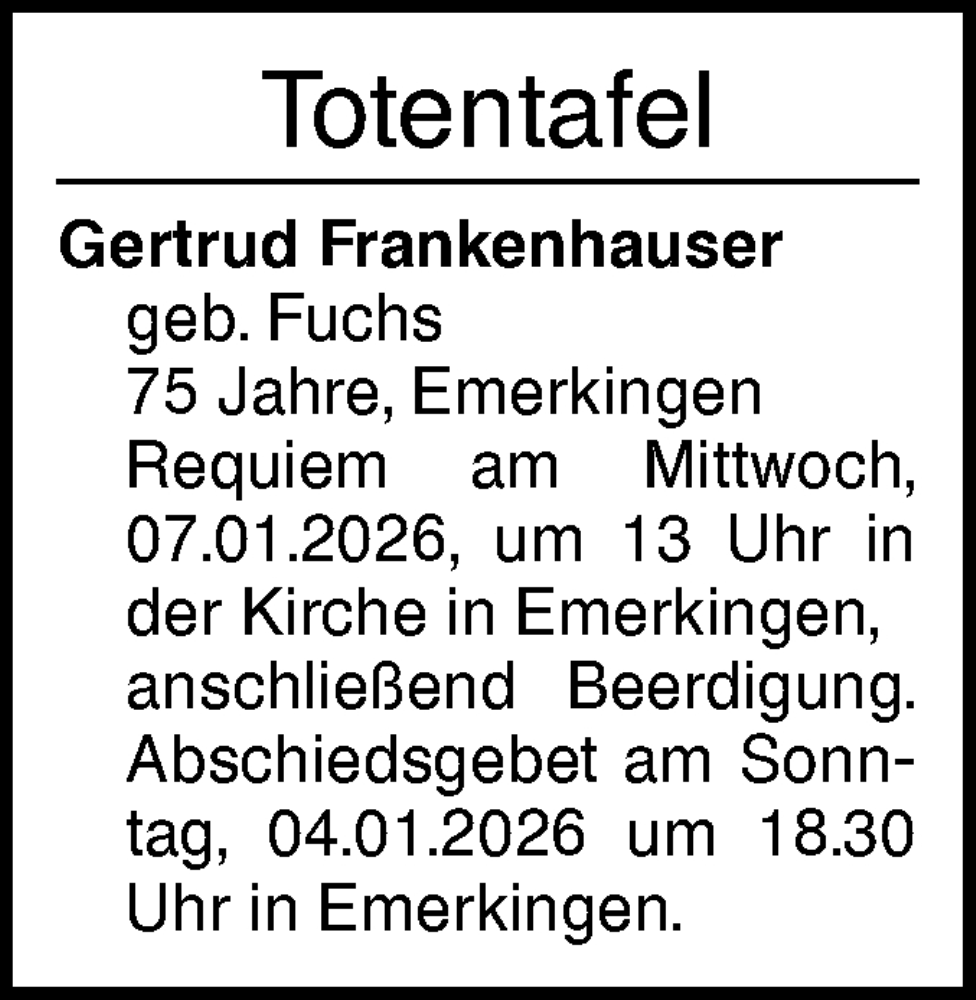  Traueranzeige für Totentafel vom 02.01.2026 vom 02.01.2026 aus Ehinger Tagblatt