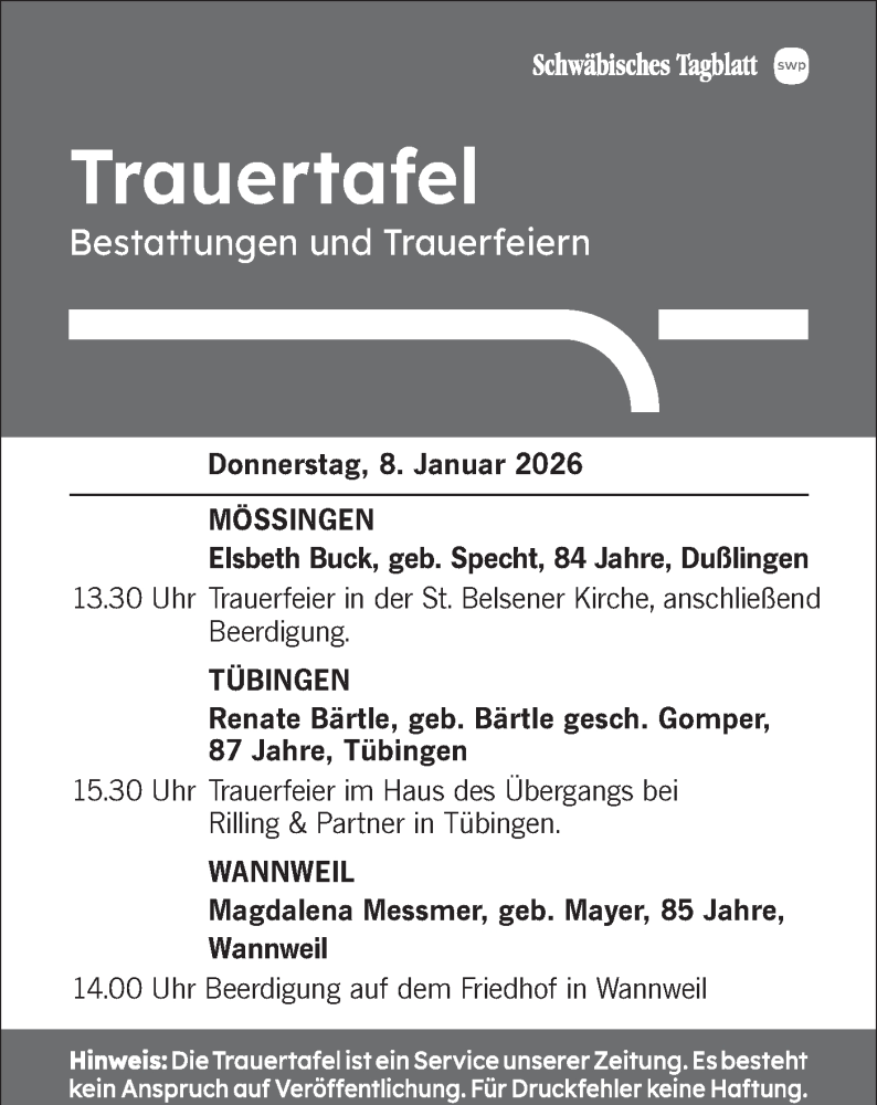  Traueranzeige für Totentafel vom 08.01.2026 vom 08.01.2026 aus Schwäbische Tagblatt
