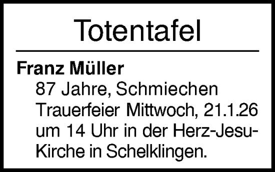 Traueranzeige von Totentafel vom 16.01.2026 von Ehinger Tagblatt