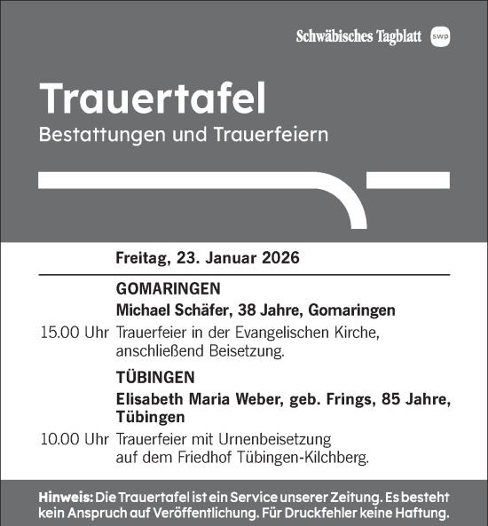 Traueranzeige von Totentafel vom 23.01.2026 von Schwäbische Tagblatt