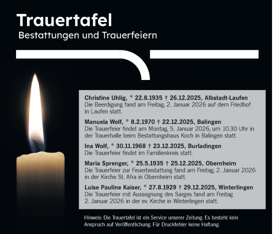Traueranzeige von Trauertafel vom 03.01.2026 von SÜDWEST PRESSE Zollernalbkreis/Hohenzollerische Zeitung