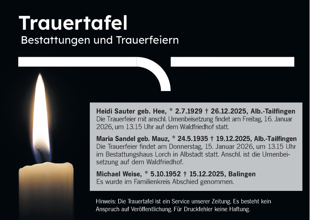  Traueranzeige für Trauertafel vom 14.01.2026 vom 14.01.2026 aus SÜDWEST PRESSE Zollernalbkreis/Hohenzollerische Zeitung