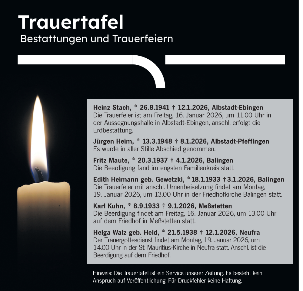  Traueranzeige für Trauertafel vom 15.01.2026 vom 15.01.2026 aus SÜDWEST PRESSE Zollernalbkreis/Hohenzollerische Zeitung