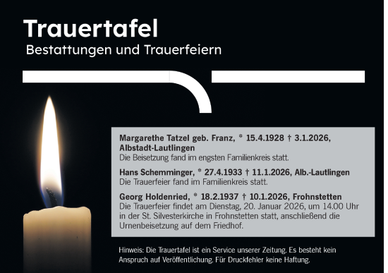 Traueranzeige von Trauertafel vom 17.01.2026 von SÜDWEST PRESSE Zollernalbkreis/Hohenzollerische Zeitung