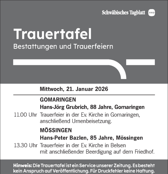 Traueranzeige von Trauertafel vom 21.01.2026 von Schwäbische Tagblatt