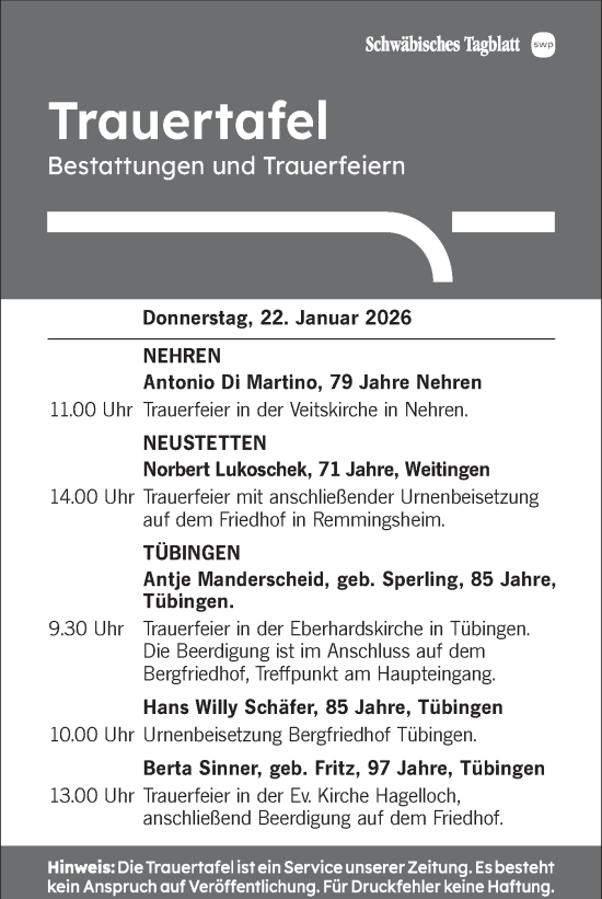 Traueranzeige von Trauertafel vom 22.01.2026 von Schwäbische Tagblatt