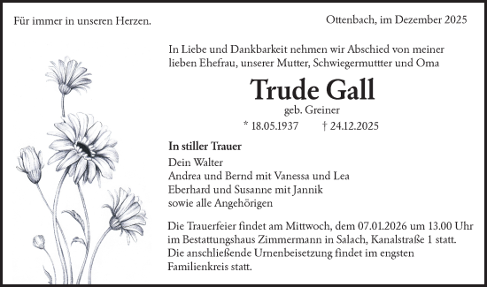 Traueranzeige von Trude Gall von NWZ Neue Württembergische Zeitung