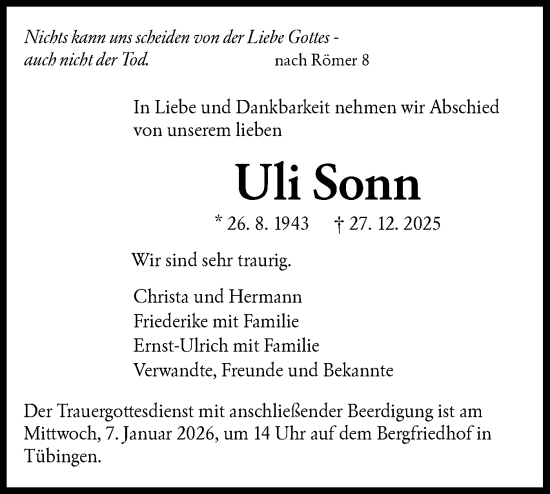 Traueranzeige von Uli Sonn von Schwäbische Tagblatt