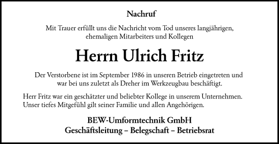 Traueranzeige von Ulrich Fritz von SÜDWEST PRESSE Ausgabe Ulm/Neu-Ulm