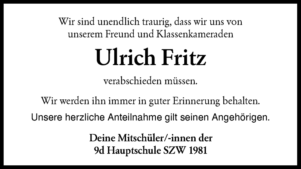  Traueranzeige für Ulrich Fritz vom 17.01.2026 aus Haller Tagblatt