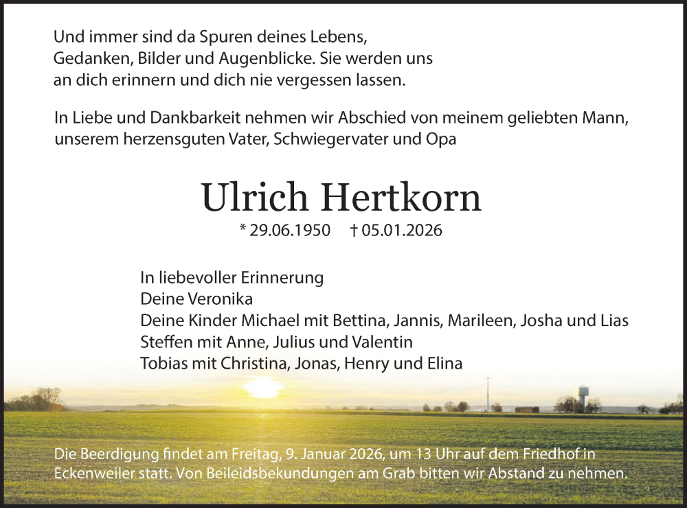  Traueranzeige für Ulrich Hertkorn vom 08.01.2026 aus Schwäbische Tagblatt