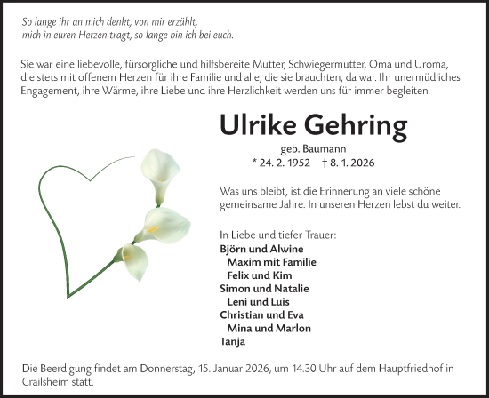 Traueranzeige von Ulrike Gehring von Hohenloher Tagblatt