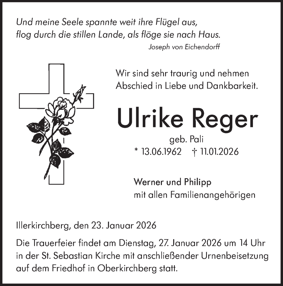  Traueranzeige für Ulrike Reger vom 23.01.2026 aus SÜDWEST PRESSE Ausgabe Ulm/Neu-Ulm