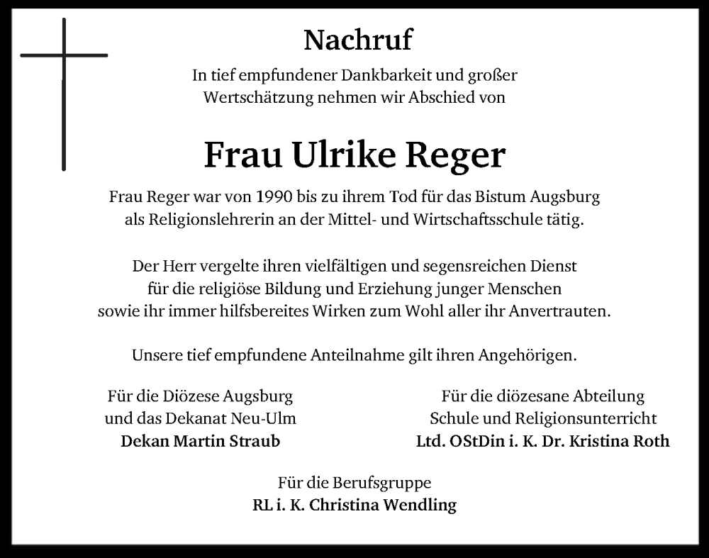  Traueranzeige für Ulrike Reger vom 24.01.2026 aus SÜDWEST PRESSE Ausgabe Ulm/Neu-Ulm