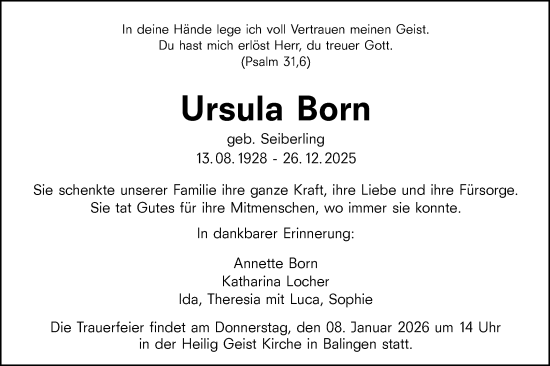 Traueranzeige von Ursula Born von SÜDWEST PRESSE Zollernalbkreis/Hohenzollerische Zeitung