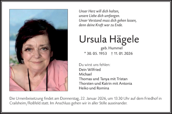 Traueranzeige von Ursula Hägele von Haller Tagblatt