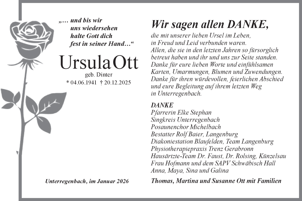  Traueranzeige für Ursula Ott vom 05.01.2026 aus Hohenloher Tagblatt
