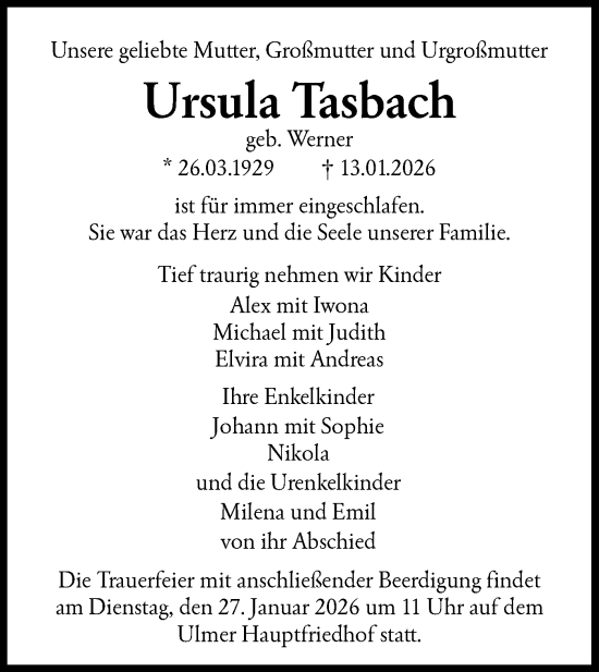 Traueranzeige von Ursula Tasbach von SÜDWEST PRESSE Ausgabe Ulm/Neu-Ulm