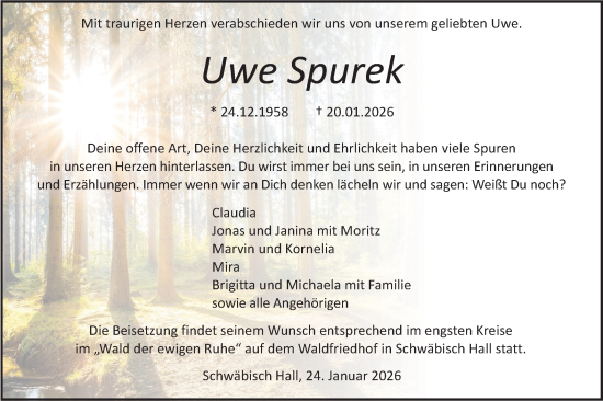 Traueranzeige von Uwe Spurek von Haller Tagblatt