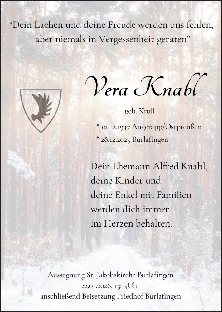  Traueranzeige für Vera Knabl vom 10.01.2026 aus SÜDWEST PRESSE Ausgabe Ulm/Neu-Ulm