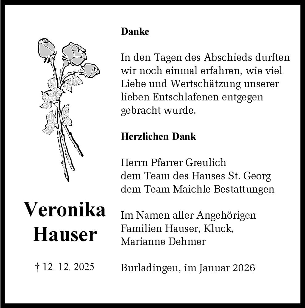  Traueranzeige für Veronika Hauser vom 17.01.2026 aus SÜDWEST PRESSE Zollernalbkreis/Hohenzollerische Zeitung