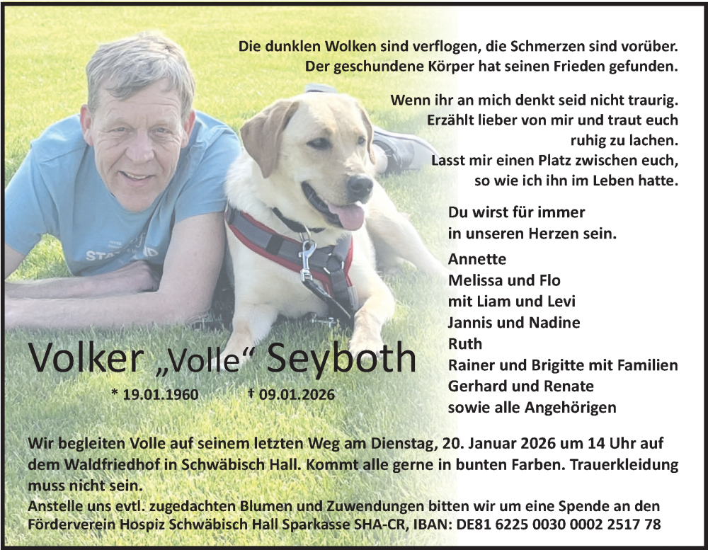  Traueranzeige für Volker Seyboth vom 13.01.2026 aus Haller Tagblatt