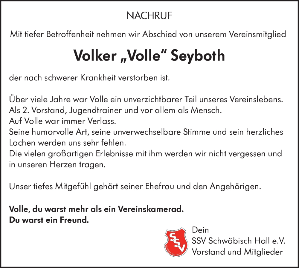  Traueranzeige für Volker Seyboth vom 16.01.2026 aus Haller Tagblatt