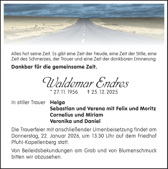 Traueranzeige von Waldemar Endres von SÜDWEST PRESSE Ausgabe Ulm/Neu-Ulm/Neu-Ulmer Zeitung