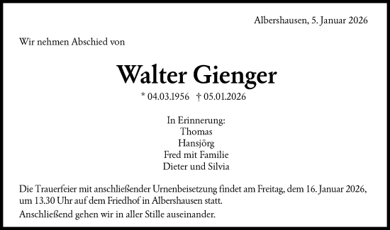 Traueranzeige von Walter Gienger von NWZ Neue Württembergische Zeitung