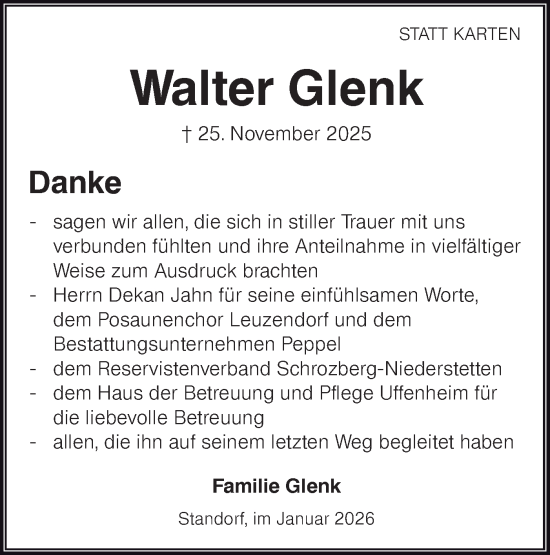 Traueranzeige von Walter Glenk von Hohenloher Tagblatt