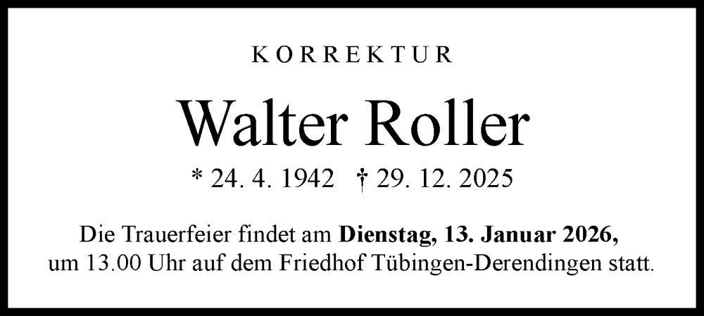  Traueranzeige für Walter Roller vom 10.01.2026 aus Schwäbische Tagblatt