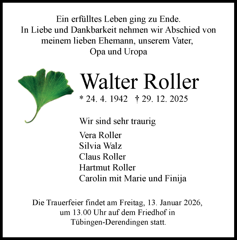  Traueranzeige für Walter Roller vom 09.01.2026 aus Schwäbische Tagblatt