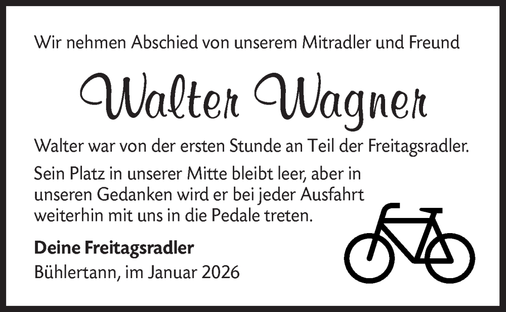 Traueranzeige für Walter Wagner vom 17.01.2026 aus Haller Tagblatt