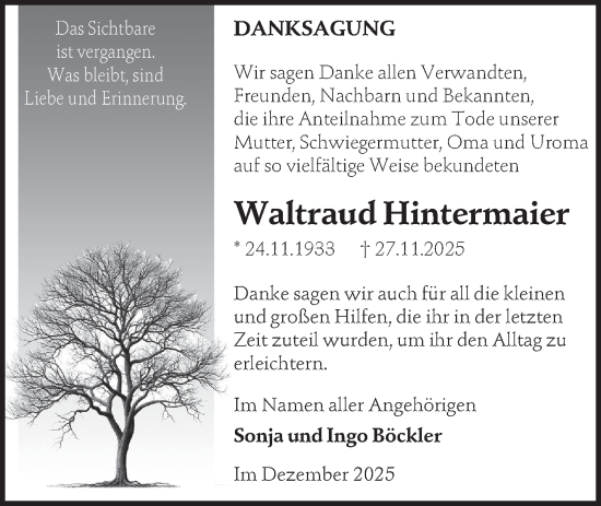 Traueranzeige von Waltraud Hintermaier von Hohenloher Tagblatt
