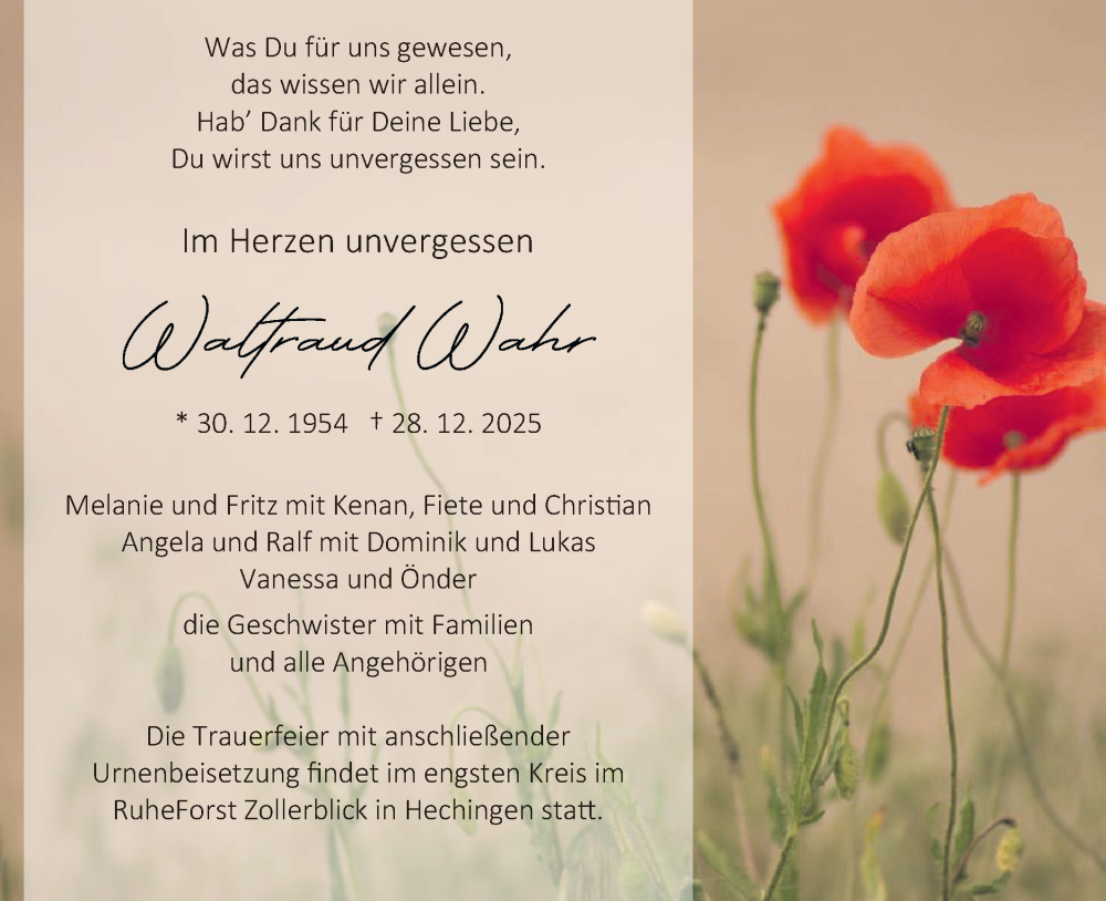  Traueranzeige für Waltraud Wahr vom 03.01.2026 aus SÜDWEST PRESSE Zollernalbkreis/Hohenzollerische Zeitung