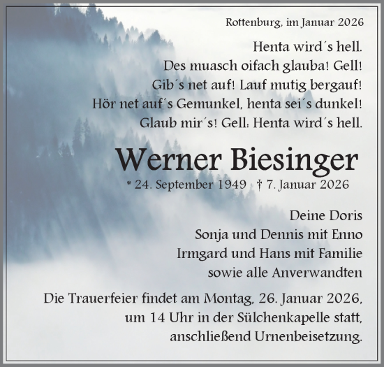 Traueranzeige von Werner Biesinger von Schwäbische Tagblatt