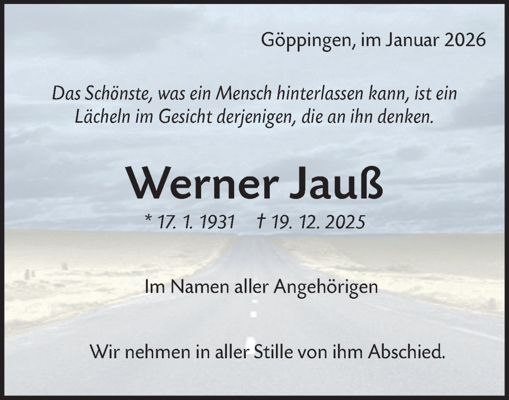  Traueranzeige für Werner Jauß vom 03.01.2026 aus NWZ Neue Württembergische Zeitung