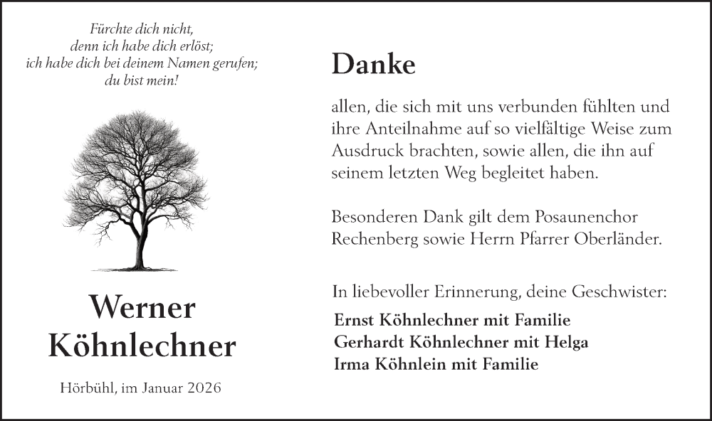  Traueranzeige für Werner Köhnlechner vom 17.01.2026 aus Hohenloher Tagblatt