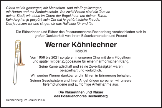 Traueranzeige von Werner Köhnlechner von Hohenloher Tagblatt