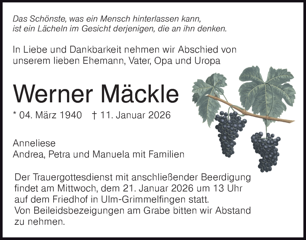  Traueranzeige für Werner Mäckle vom 17.01.2026 aus SÜDWEST PRESSE Ausgabe Ulm/Neu-Ulm