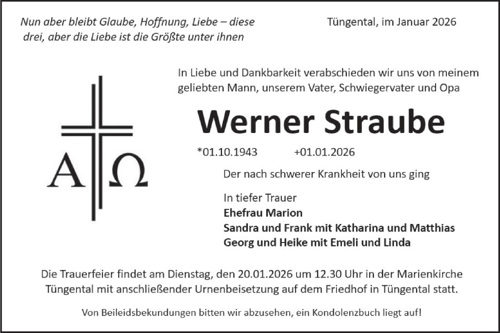  Traueranzeige für Werner Straube vom 17.01.2026 aus Haller Tagblatt