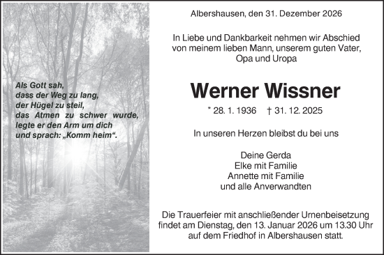 Traueranzeige von Werner Wissner von NWZ Neue Württembergische Zeitung