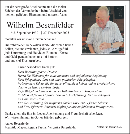 Traueranzeige von Wilhelm Besenfelder von SÜDWEST PRESSE Zollernalbkreis/Hohenzollerische Zeitung