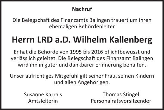 Traueranzeige von Wilhelm Kallenberg von SÜDWEST PRESSE Zollernalbkreis/Hohenzollerische Zeitung