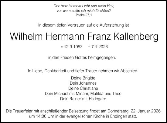 Traueranzeige von Wilhelm Hermann Franz Kallenberg von SÜDWEST PRESSE Zollernalbkreis/Hohenzollerische Zeitung