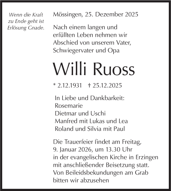 Traueranzeige von Willi Ruoss von SÜDWEST PRESSE Zollernalbkreis/Hohenzollerische Zeitung